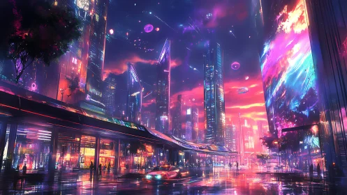 Neon skyline glows beneath cosmic sunset and floating orbits.