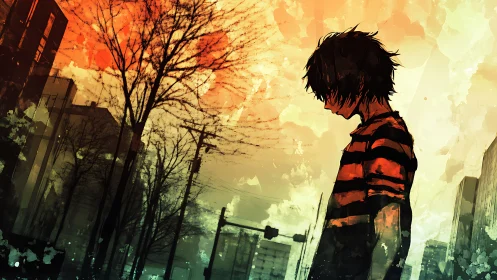 Silhouetted boy in striped shirt stands under orange urban sky