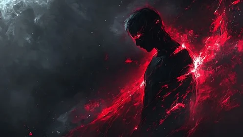 Silhouetted figure ignites with red cosmic energy in darkness