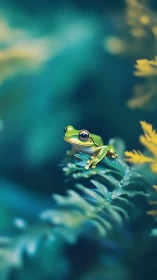 Digital painting of a tree frog on fern with soft bokeh field.