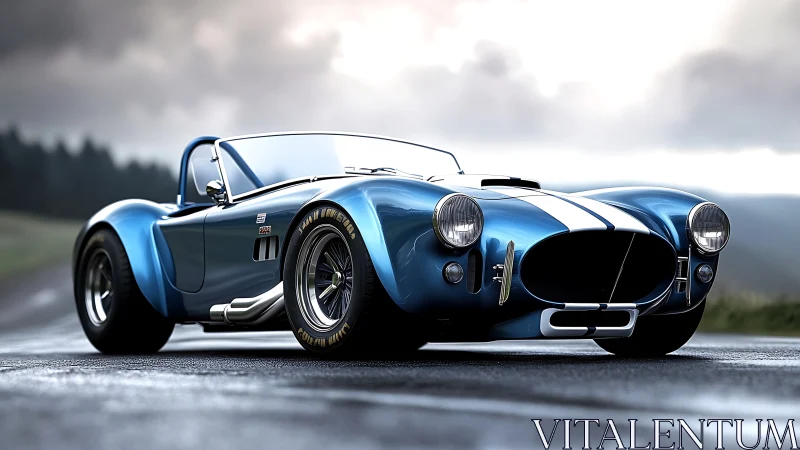 Vintage blue roadster on wet track under stormy sky.