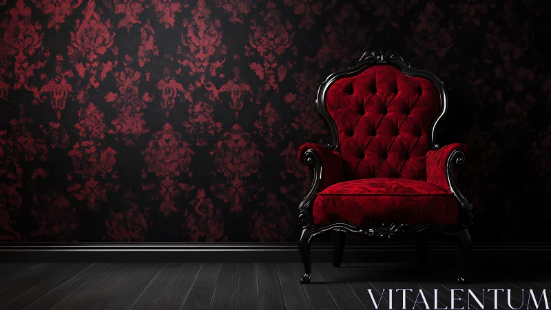 Baroque red velvet armchair against damask wall in low light