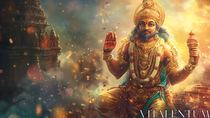 Radiant temple guardian in swirling golden devotion.