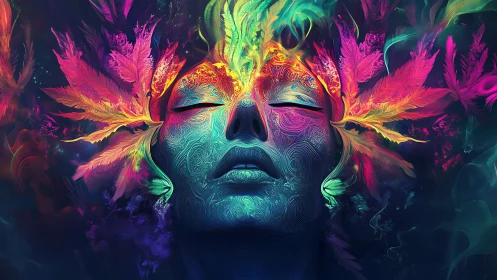 Neon dream visage with radiant feathers and swirling light.