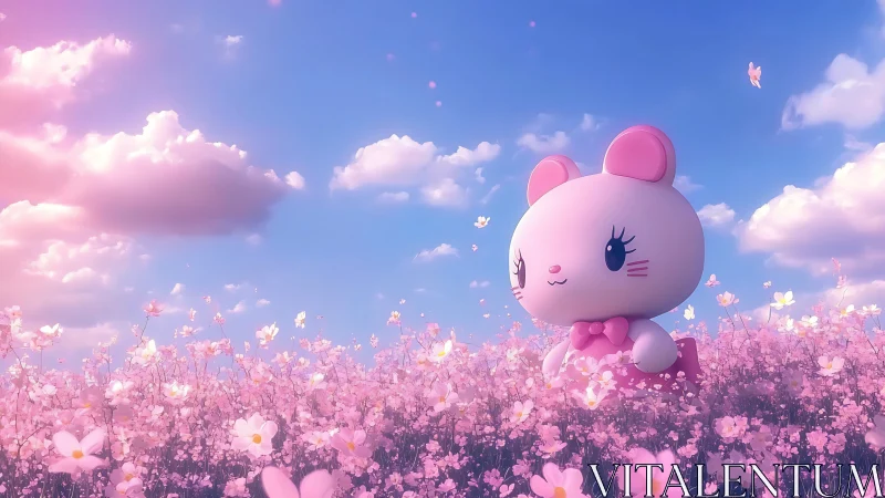 Dreamy blossom fields cradle a pastel toy mouse guardian.