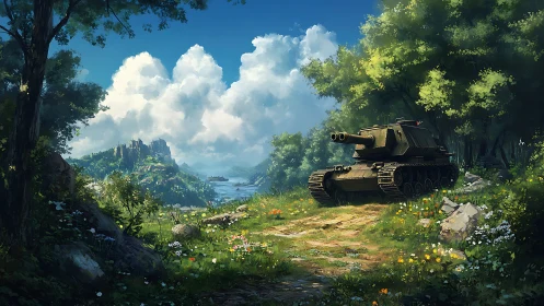 Tank positioned in lush valley landscape under clouds.