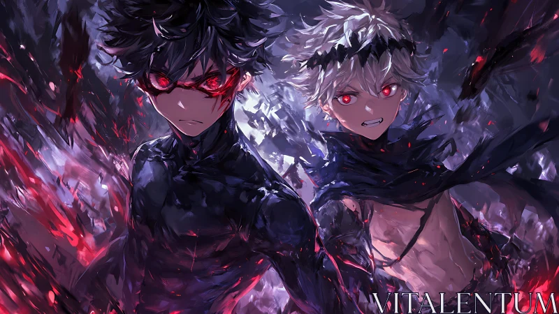 Intense red eyed anime duo in dark swirling energy field.