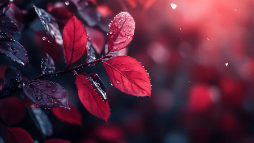 Red leaves with water droplets in soft evening light.