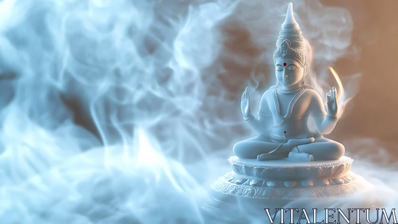 Serene white deity in soft swirling mist and warm light.