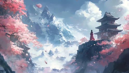 Spring blossoms crown a misty mountain temple in quiet wonder