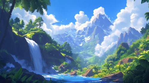 Mountain valley landscape with waterfall and tropical foliage.