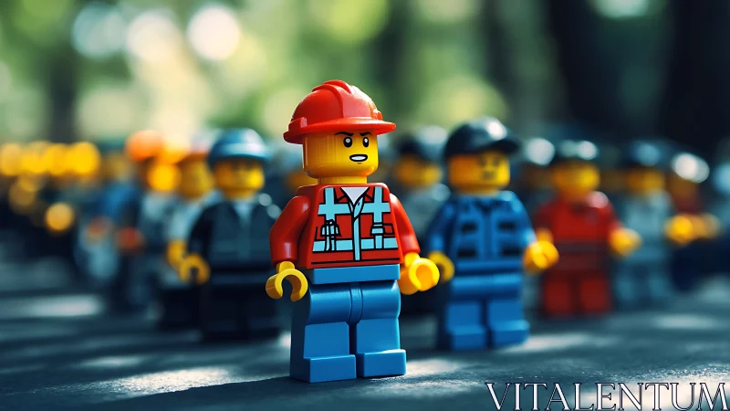 Lego construction leader stands before blurred worker line.