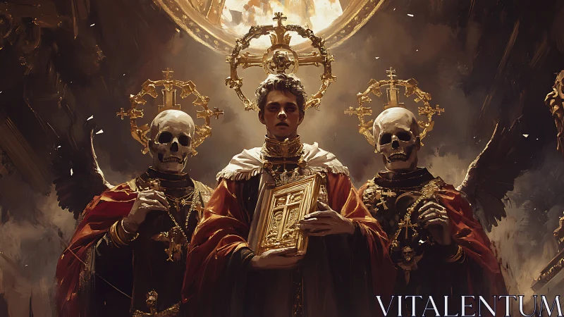 Baroque-lit cleric flanked by skeletal cardinals in gilded regalia