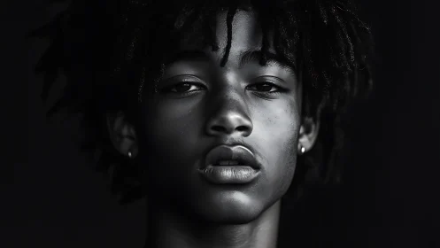 Monochrome portrait captures contemplative young face