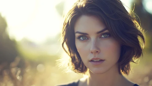 Soft sunlight frames a calm, green-eyed gaze outdoors.