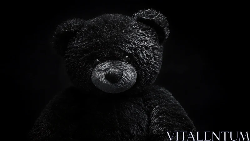 Black plush teddy bear in dramatic low key studio portrait.