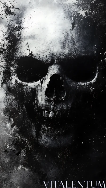 Monochrome splatter skull emerges from high contrast painterly void