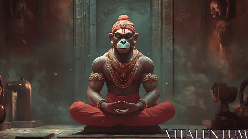 Meditating humanoid monkey deity in ornate temple interior.
