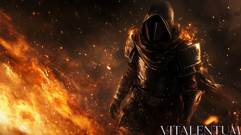 Hooded dark knight strides through erupting inferno blaze