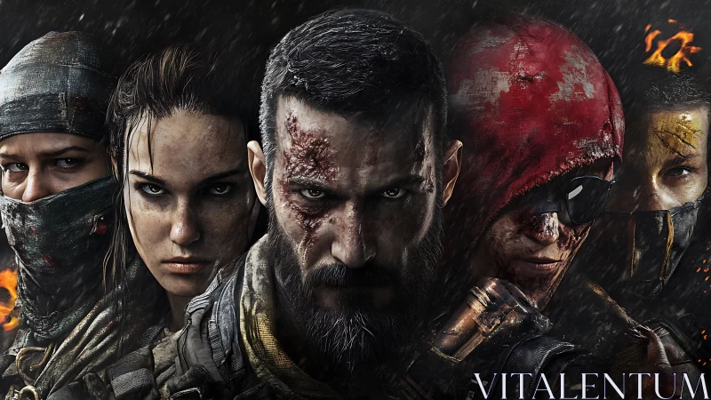 Photorealistic tactical squad portrait with cinematic lighting.