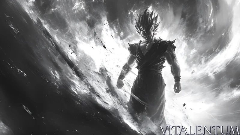 Storm-lit anime warrior stands tall in a swirling cosmos