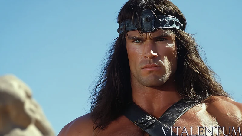 Fantasy warrior portrait under clear blue sky.