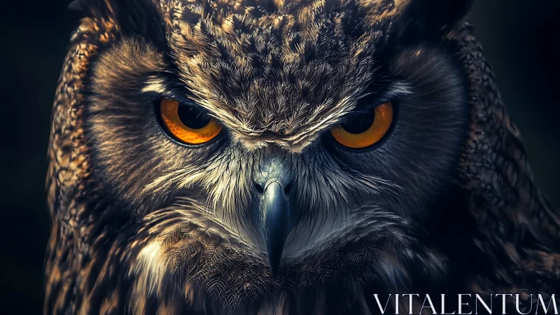 Intense Close-Up Portrait of Owl with Piercing Amber Eyes.