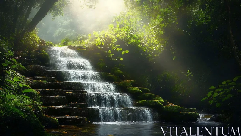 Stepped forest waterfall under soft morning light.