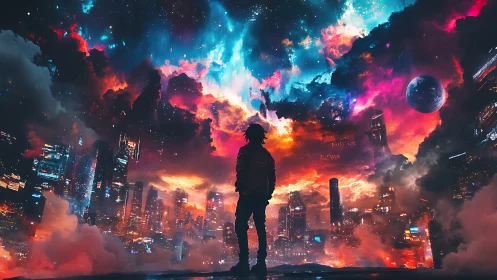 Silhouette in futuristic city under vivid cosmic sky at night.