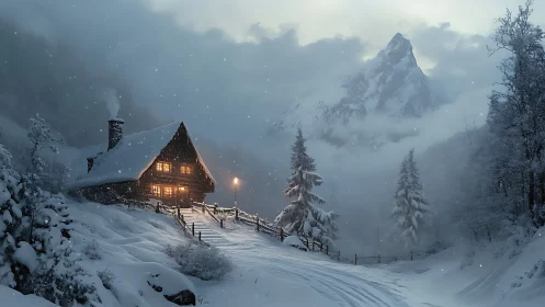Snowy mountain cabin with warm lights and tall pine trees.