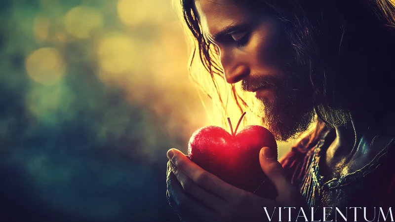 Contemplative man holding glowing red apple in warm light.