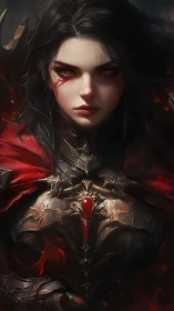 Sorceress in baroque blood-etched armor under dramatic rim lighting