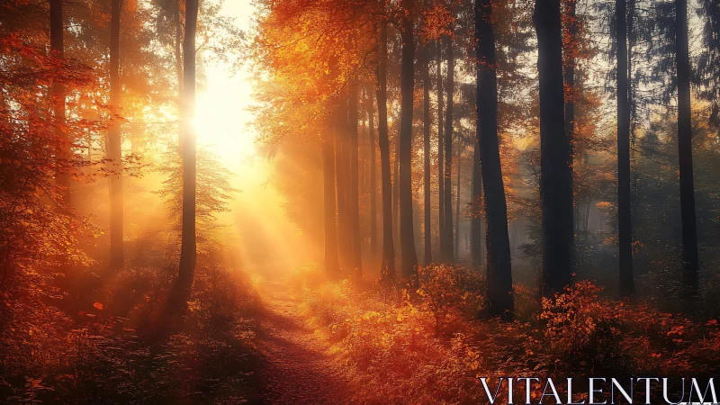 Golden Sunlight Breaking Through Autumn Forest Canopy.