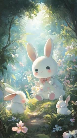 Softly illuminated forest glade hosts stylized chibi rabbits