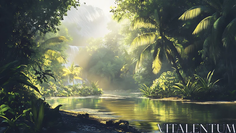 Tropical Jungle River. Golden Light Through Canopy