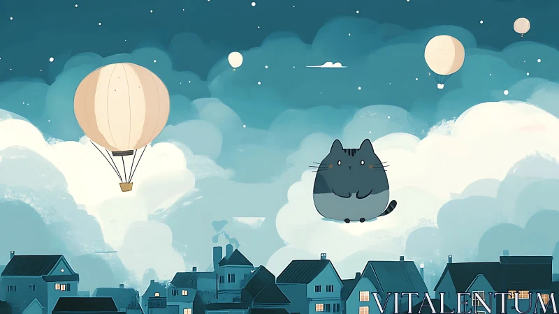 Cat floating on cloud above residential town with hot air balloons