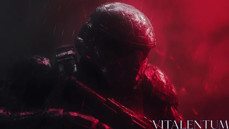 Cinematic sci-fi trooper in red backlight and storm atmosphere.