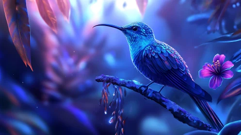 Bioluminescent azure bird on branch in neon jungle twilight.