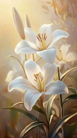 White Lilies with Golden Stamen in Luminous Soft Light Setting