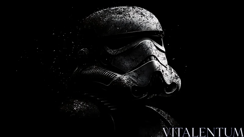 Weathered sci‑fi trooper helmet portrait in stark low key