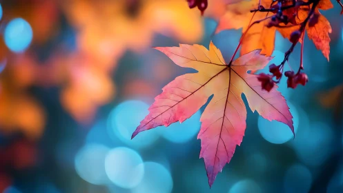 Single maple leaf in shallow focus against soft bokeh field.