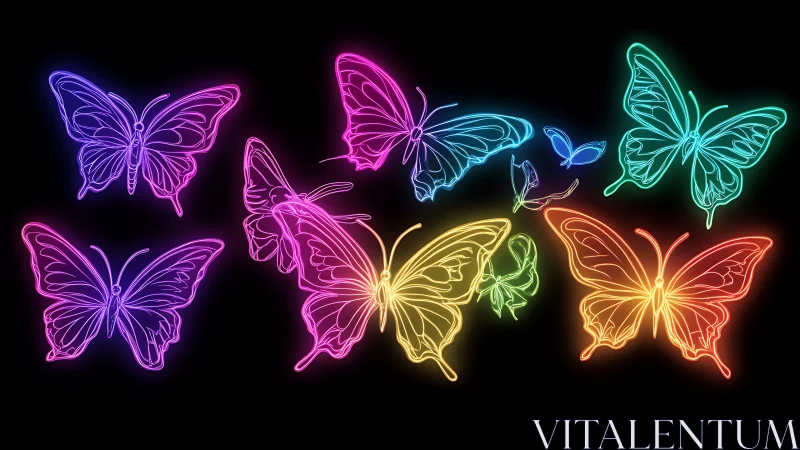 Neon butterflies drift like electric confetti across night