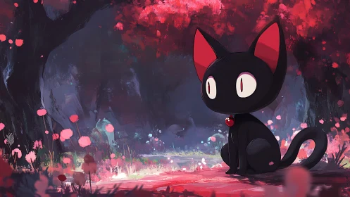 Digital painting of black cat in luminous crimson forestscape.