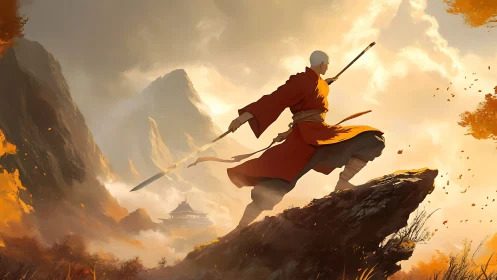 Martial monk overlooks misty mountains in dynamic digital light