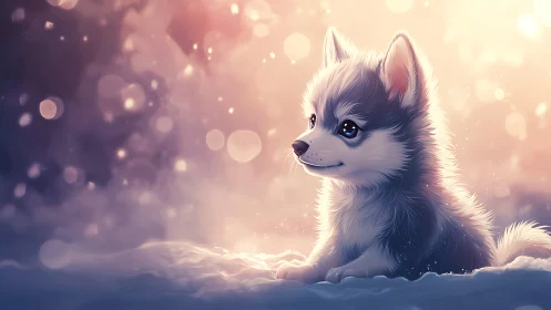 Snowy twilight puppy dreaming in soft winter sparkles.