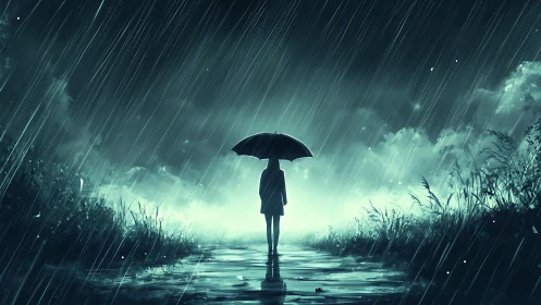 Silhouetted figure under umbrella faces luminous storm.