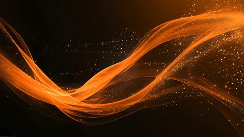 Orange flowing wave particles on dark background.