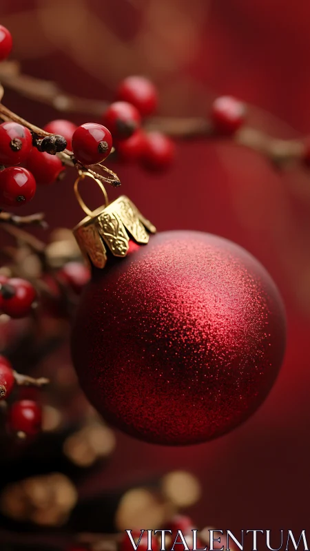 Glistening red Christmas bauble glows among winter berries