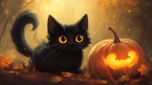 Black Cat with Jack-O'-Lantern Pumpkin.