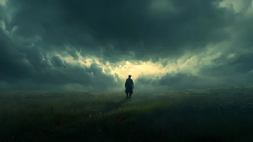 Lone wanderer crossing storm-lit field under heavy sky.